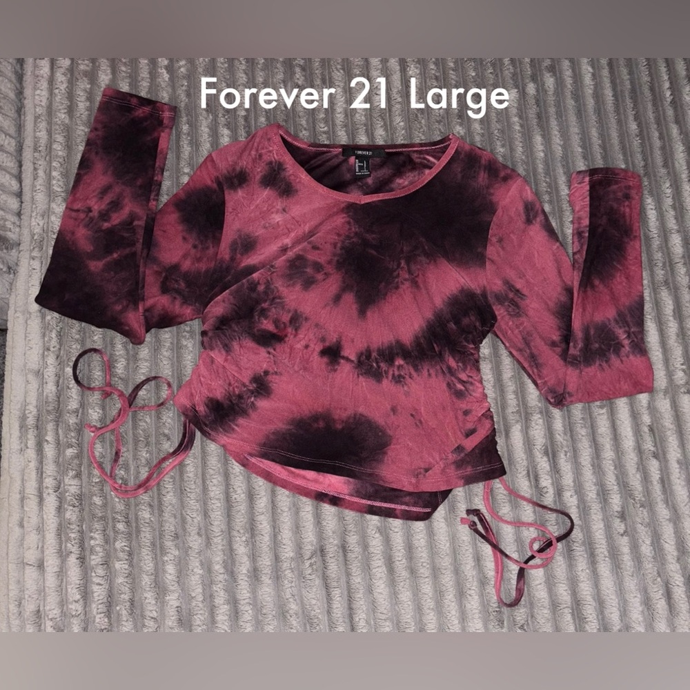 Forever 21 Red Black Tie Dye Drawstring Long Sleeved Blouse